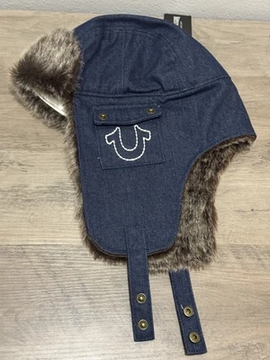 True Religion Imitación Piel Denim Trapper Sombrero Azul OSFA Esquí Bolsillos Mentón Correa Nuevo con Etiquetas Foto 1 de 4