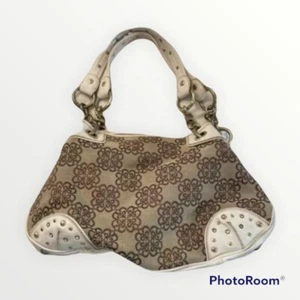 Kathy Van Zeeland Metallic Silver Trim Logo Print Handbag Purse Satchel Tote - Picture 1 of 12