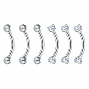 6PCS CZ Curved Belly Lip Ring Eyebrow Studs Cartilage Tragus Barbell Piercing - Picture 1 of 5