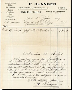 Facture + Enveloppe timbrée adressées au Baron de Selys Longchamps de P. Slangen - Picture 1 of 2