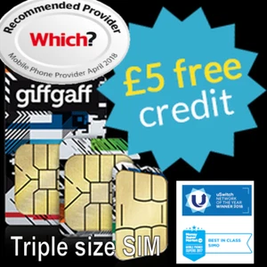 Giffgaff Giff Gaff Nano/Micro/Standard 3 en 1 SIM GRATUITE 5 £ crédit données illimitées - Photo 1/3
