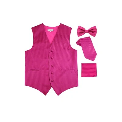 New Men's Tuxedo Vest Vertical Stripes Necktie, Bowtie & Hankie set Hot Pink - Image 1 of 4