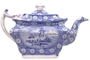 Tetera Transferware azul y blanco escenas orientales pagoda madera e hijos antigua - Imagen 1 de 12