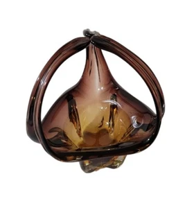 Vintage Murano mundgeblasene Glasschale Amethyst Bernstein Dreieck mit Griff - Bild 1 von 8