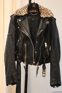 BURBERRY PRORSUM ¡Icónica Chaqueta de Motociclista de Cuero Negra Extraíble Cuello de Piel de Leopardo! - Imagen 1 de 14