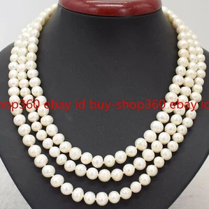 Real 8-9mm 3 Rows White Baroque Cultured Fsehwater Pearl Beads Necklace 18-20'' - Picture 1 of 12