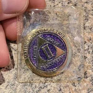 2 Year AA Medallion Elegant Glitter Purple Gold Plated Sobriety Chip Coin II (2) - Picture 1 of 2
