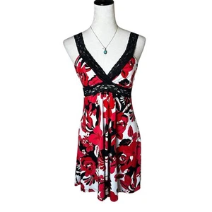 Vintage Babydoll Red Floral Black Lace Mini Dress Tunic Tank Y2K Dark Coquette - Picture 1 of 9