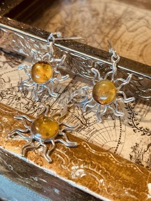 PLATA ESTERLINA 925 GENUINO ÁMBAR NATURAL SOL CONJUNTO DE JOYAS PENDIENTES COLGANTES  Foto 1 de 4