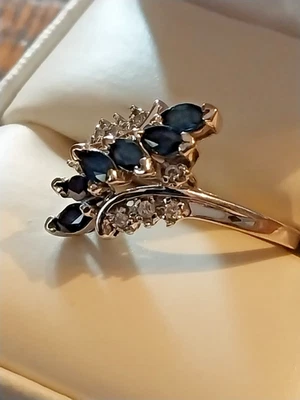 14kt White Gold Marquise Diamond Blue Sapphire Cocktail Ring Sz8.5 607MNAABG❤ - Image 1 of 4