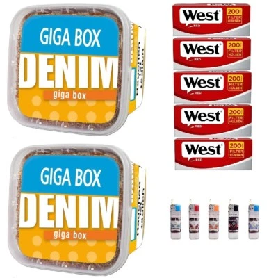 2x DENIM Giga Box 330g Volumentabak Stopftabak + 1000 Hülsen + 5 Feuerzeuge - Bild 1 von 3