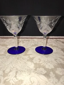 Crystal Etched Champagne Goblets Glasses with Colbalt Blue Base Set of 2 - Picture 1 of 12