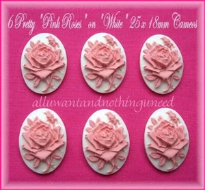 6 Unset PINK color Rose on WHITE 25mm x 18mm Costume Jewelry CAMEOS - Picture 1 of 2