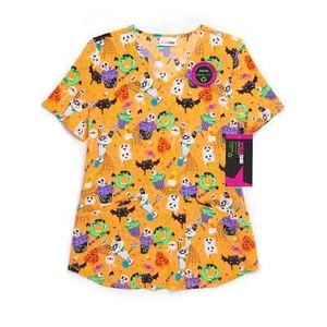Scrubstar Womens Multicolor Scary Sweets Scrub Top Medical Uniform Shirt Sz XL - Picture 1 of 6