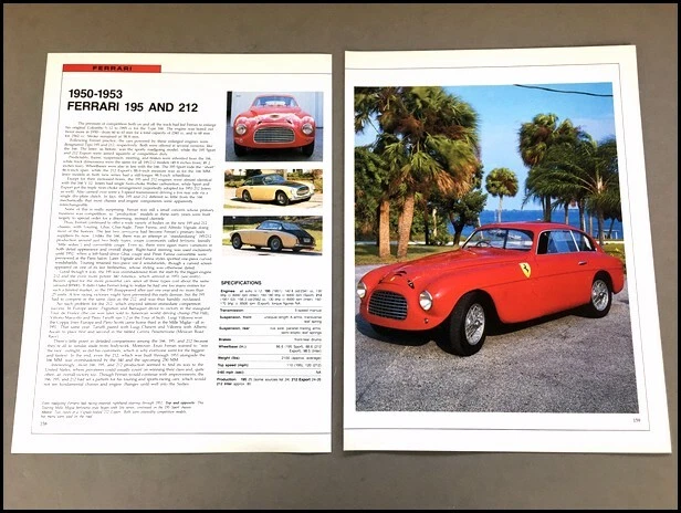 Ferrari 195 212 Car Review Print Article with Specs 1950 1951 1952 1953 P158 - Imagem 1 de 1