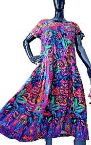 Monsoon Vintage Midi Drop Waist Short Sleeve Dress Size UK 14 16 Multi 1980’s - Picture 1 of 10