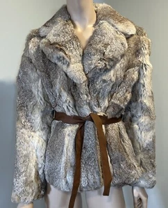 Vintage Chose Natural Rabbit Fur Coat Jacket w/ Leather Belt Sz S - Picture 1 of 12