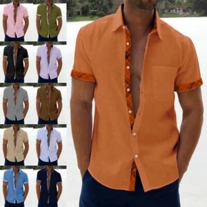 Mens Short Sleeve Hawaiian Colour Block Shirt Casual Baggy Button-Up Beach Tops - Picture 1 of 23