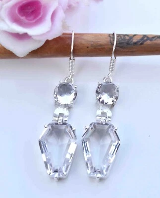 White Topaz  925 Sterling Silver Gemstone Handmade beautiful Earring Size-2.10" - Image 1 of 4