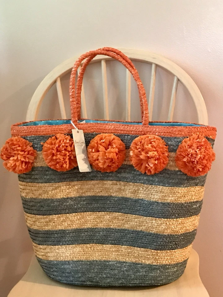 Nuevo con etiquetas Bolso Dama Mudpie Grande Tejido a Rayas Playa Bolso de Mano con Borde Naranja Pom Pom Foto 1 de 4