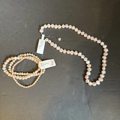 Genuine Fresh Water Pink Pearl 3-Bracelets & Necklace New With Tags - Image 1 of 4