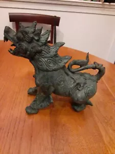 Antique Chinese Foo Dog Lion Brass Bronze Figurine 8.5" L - Picture 1 of 12