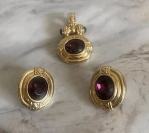 Vintage Signed LR Lady Remington Rhinestone Clip on Earrings & Necklace No Chain - Picture 1 of 7