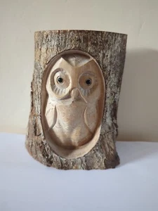 Half Log Hand Carved Owl Wood Tree Stump Bird - Picture 1 of 3