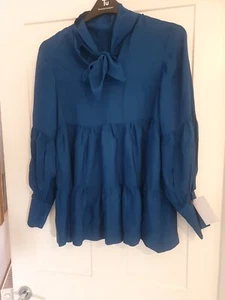 Replay Jeans Royal Blue Viscose Tiered Pussy Bow Tie Blouse Bnwt Size Xs 8 10 - Picture 1 of 2