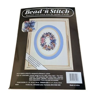 Bead 'N Stitch Blue Ribbon Wreath Cross Stitch Kit By Michael A. LeClair - Picture 1 of 5