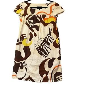 Cue Shift Dress Size 10 Retro Pattern Brown Orange Yellow Dress Vintage Babydoll - Picture 1 of 8