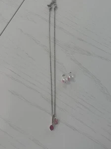 Pink and Silver Necklace and Earring Set Tear Drop 2 Stone Necklace Hook Earring - Picture 1 of 5