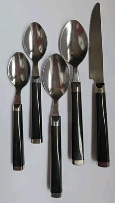 Stainless 5 Piece Cutlery 1 Dinner Knife 2 Soup Spoon 2 Teaspoon Black Handle - Image 1 of 4