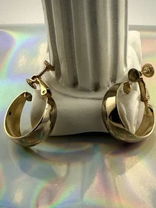 Gold Tone Vintage Wide Hoop Earrings Screw In Back  - Picture 1 of 6