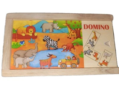 Kids Safari Dominoes – 28 Wooden Jungle Animal Tiles + Storage Box – Rare Find - Image 1 of 4