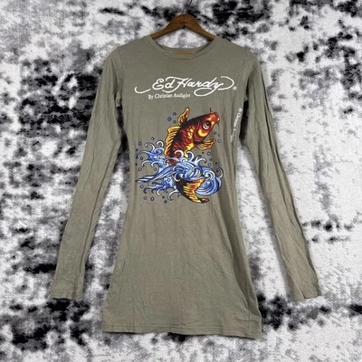 Ed Hardy Hollywood Shirt Dress Womens Size Small Olive Green Fish Audigier - image 1 of 4