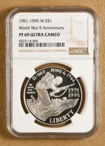 1991-95 WWII Anniversary Commemorative Silver Dollar NGC PF 69 Ultra Cameo - Picture 1 of 2