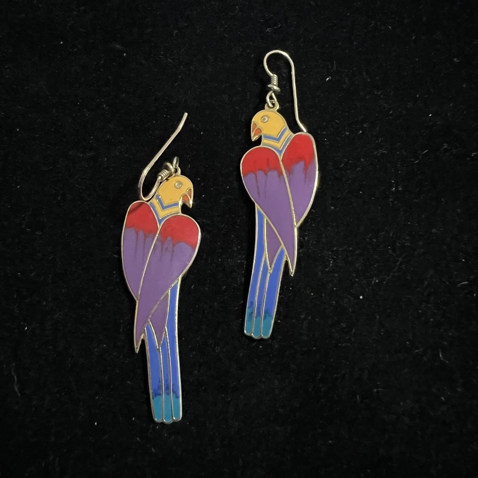 Vintage LAUREL BURCH GOLDTONE COLOR ENAMEL CEZANNE PARROT HOOK EARRINGS - Image 1 of 1