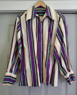 Vintage Mod 70's McGregor Cotton Shirt Purple Stripes Bell Sleeves - Size M - Image 1 of 4