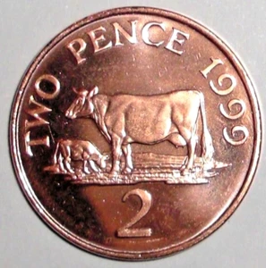 1999 Guernsey Münze 2 Pence Milchkuh Bauernhof Tier Wildtiere - Bild 1 von 2