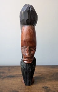 Vintage Hand Carved Jamaican Folk Art, Two Tone, Wood, Man Face 12" - Picture 1 of 6