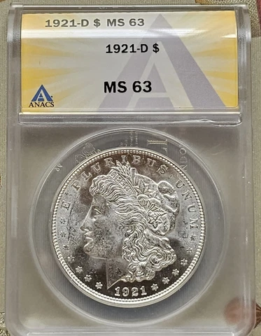 1921 D Morgan Dollar Silver $1 Coin ANACS MS63 Strong Frosty Luster Cover