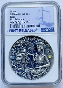 2022 Niue 2 Oz 999 Fine Silver Rhea Antiqued Greek Titans NGC MS70 Only 500 Mint - Picture 1 of 6