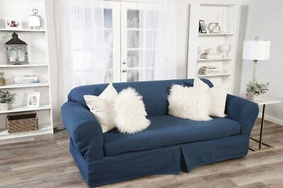 Washed Heavy Blue Denim 2 pc Sofa Slip Cover Cotton /  Loveseat / Arm Chair - Image 1 of 4