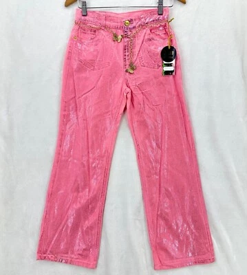 Justice Jeans Girls Wicked Size 12 Pink Metallic Denim Relaxed Flare W/Belt NWT - Image 1 of 4