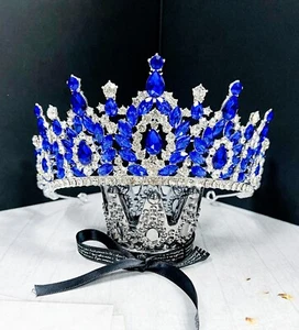 Silver Blue Crystal Crown, Quinceanera Rhinestone Crown, Bridal Wedding Headband - Picture 1 of 9