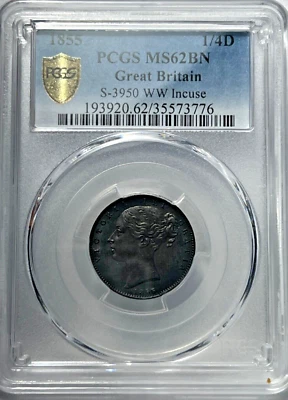 Great Britain 1855 Victoria QTR Penny 1/4 Penny~~~S-3950 WW INCUSE PCGS MS62BN - Image 1 of 4