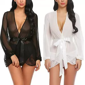 Accappatoio donna pizzo vestaglia sexy maglia corta vedere attraverso babydoll lingerie ·NUOVO - Foto 1 di 21