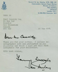 RARO! "Comandante Royal Marines" General Ian Gourlay Firmado a Mano TLS Fecha 1974 - Imagen 1 de 1