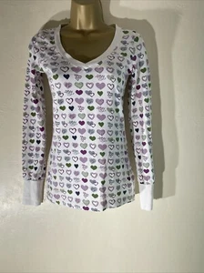 Womens Roxy Small White Mix Heart Logo Pattern Long Sleeve Jersey T-shirt Top - Picture 1 of 4